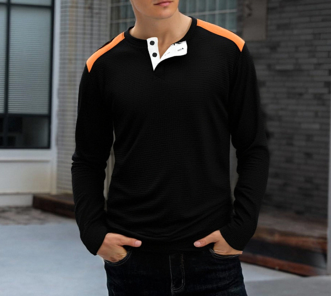 Herren strukturiertes Henley-Langarmshirt mit Stehkragen, Schulterpaspel und Waffelstruktur Shop Nory