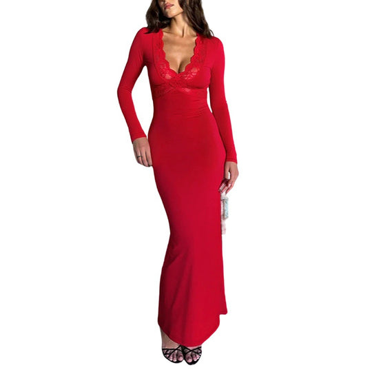 Damen figurbetontes Maxikleid mit Spitzen-Bustier tiefem V-Ausschnitt und taillierter Empire-Naht Shop Nory