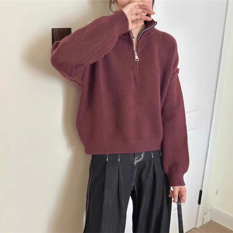 Damen lässiger Pullover mit kurzem Reißverschluss und entspannter Passform Shopnory