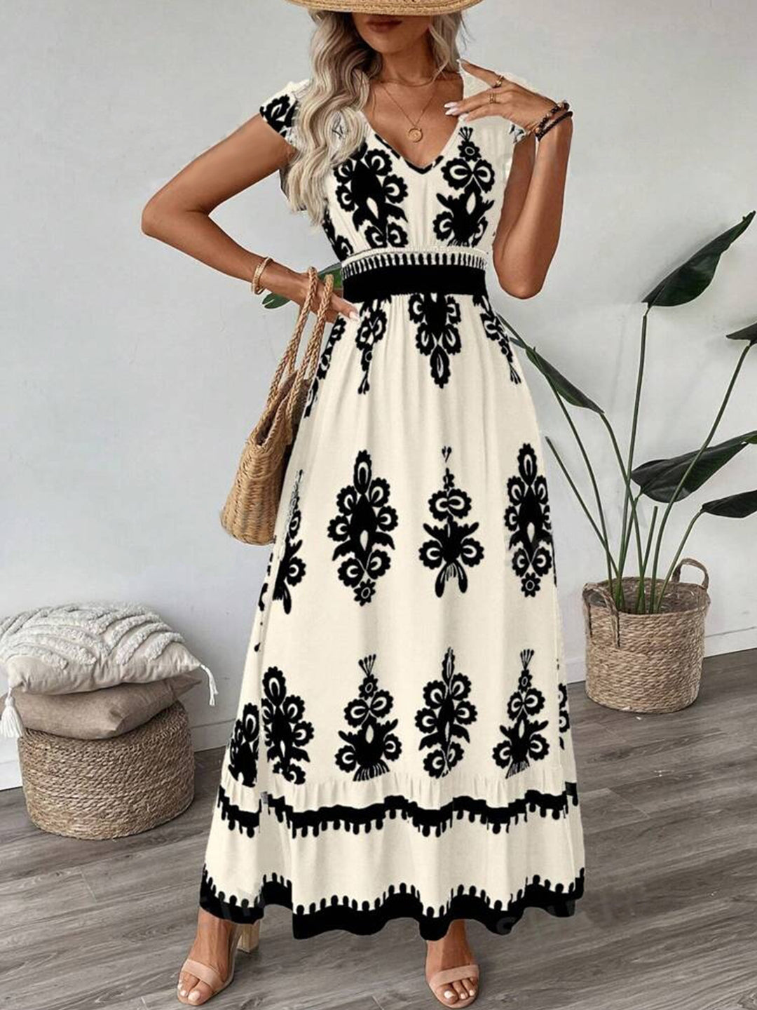 Damen Boho-Langkleid mit V‑Ausschnitt, tailliertem Stretch-Bund und kontrastierendem Ornamentdruck Shop Nory