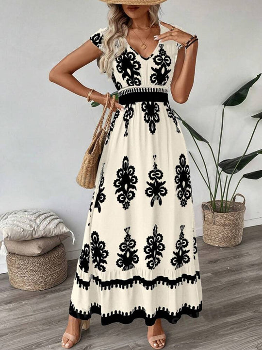 Damen Boho-Langkleid mit V‑Ausschnitt, tailliertem Stretch-Bund und kontrastierendem Ornamentdruck Shop Nory