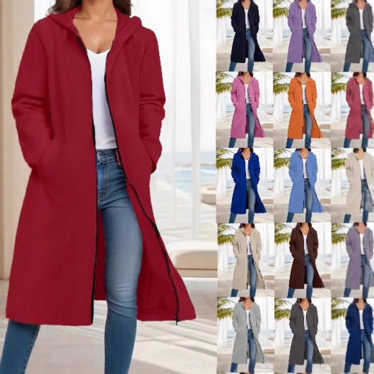 Damen Langer Kapuzen‑Mantel mit durchgehendem Reißverschluss und legerer A‑Linie Shop Nory