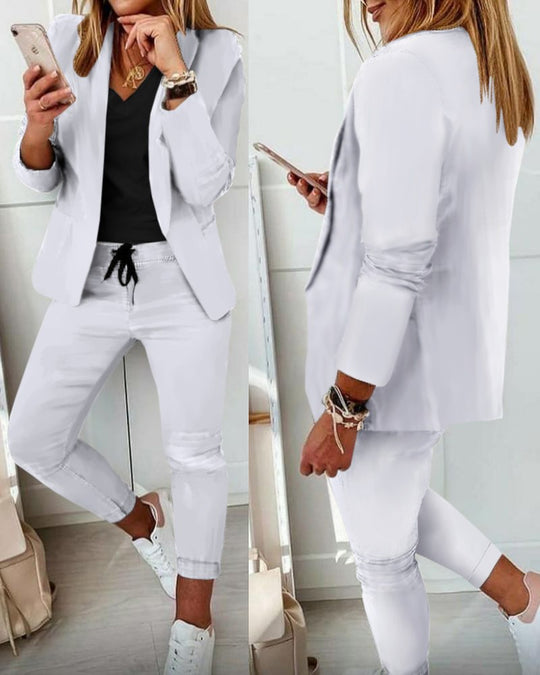 Damen nan Smart-Casual Blazer-Set mit offenem Longblazer und tapered Jogpant mit Kordelzug Shop Nory