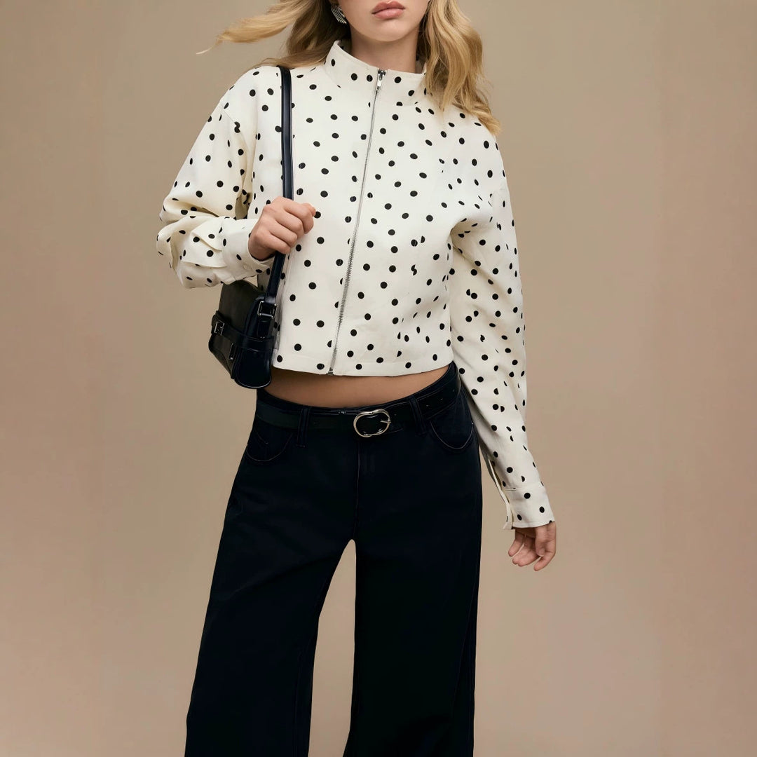Damen Gepunktete Kurzjacke mit Stehkragen und Reißverschluss Shop Nory