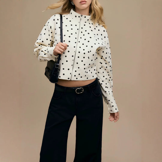 Damen Gepunktete Kurzjacke mit Stehkragen und Reißverschluss Shop Nory