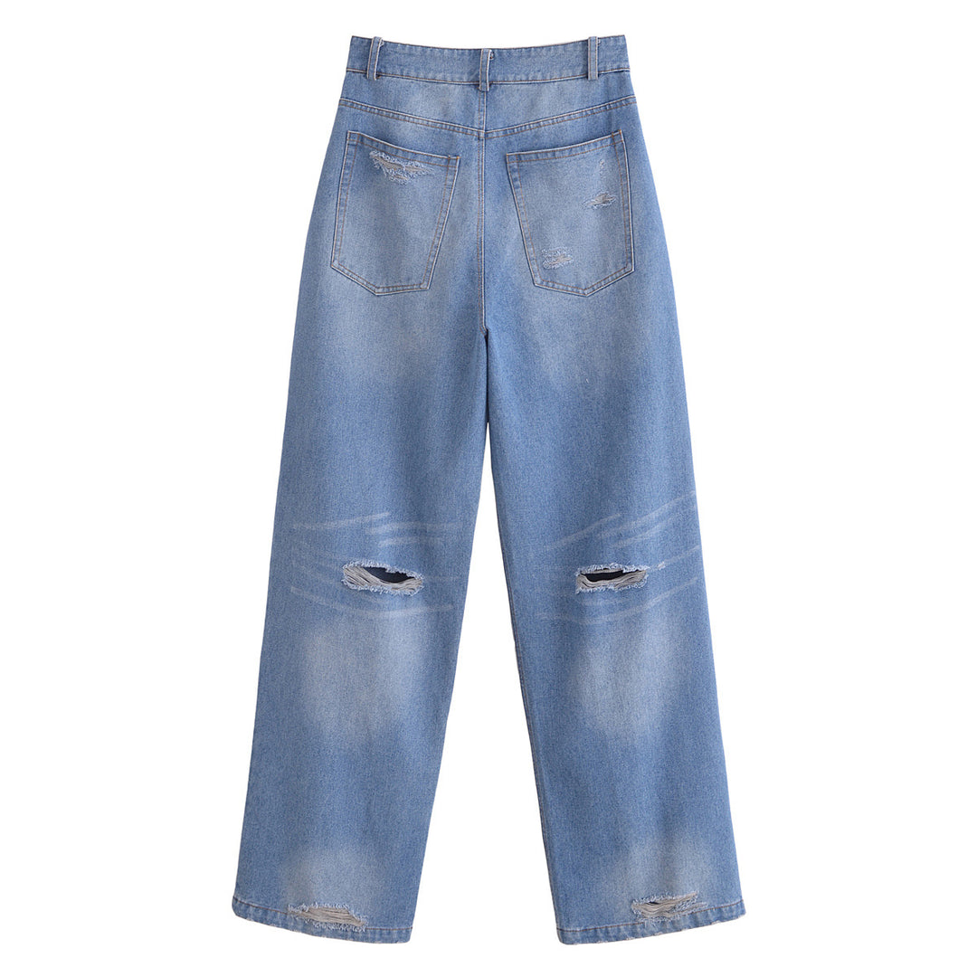 Damen High-Waist-Jeanshose mit weitem Bein, geradem Saum und dezenter Used‑Optik Shop Nory
