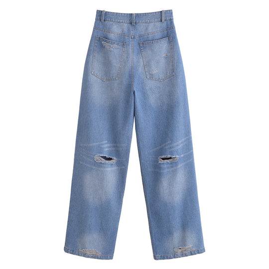 Damen High-Waist-Jeanshose mit weitem Bein, geradem Saum und dezenter Used‑Optik Shop Nory