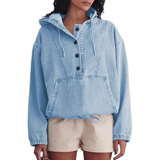 Damen Jeans-Halbanorak mit Kapuze, Kängurutasche und Tunnelzug Shop Nory