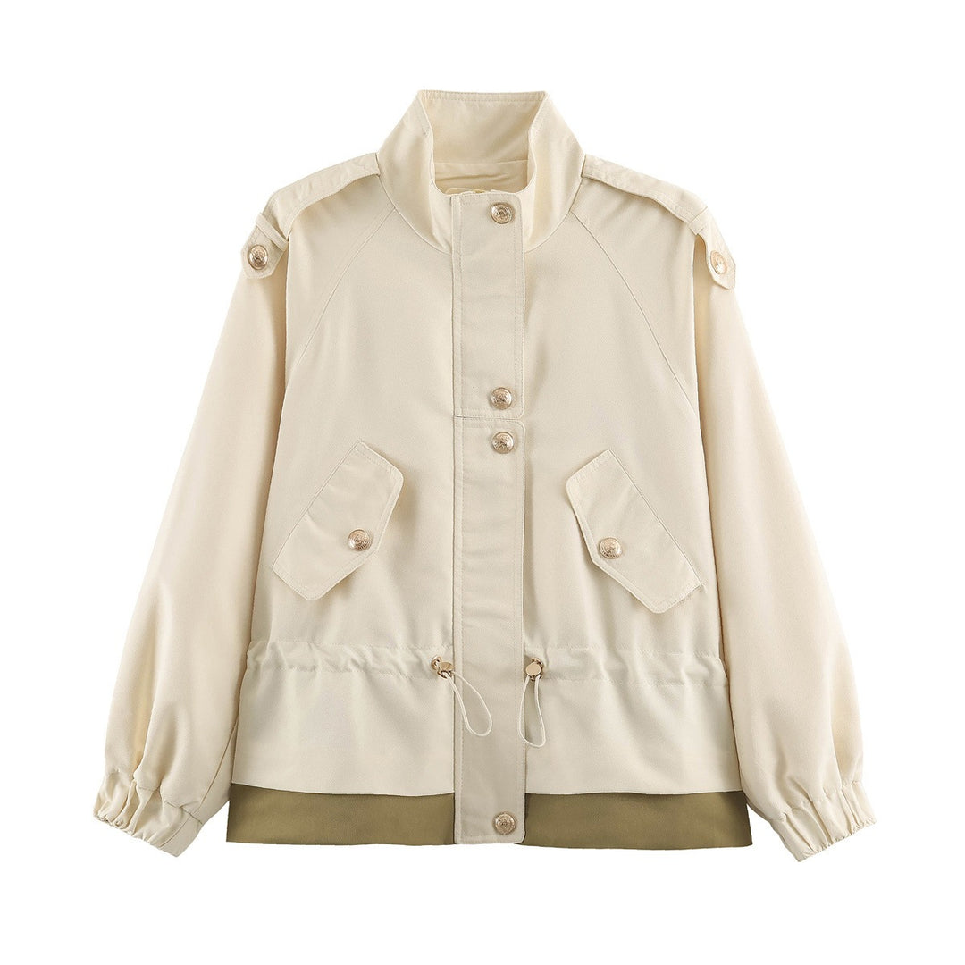 Damen leichte Utility-Jacke mit Tunnelzug-Taillenraffung, Stehkragen und Pattentaschen Shop Nory