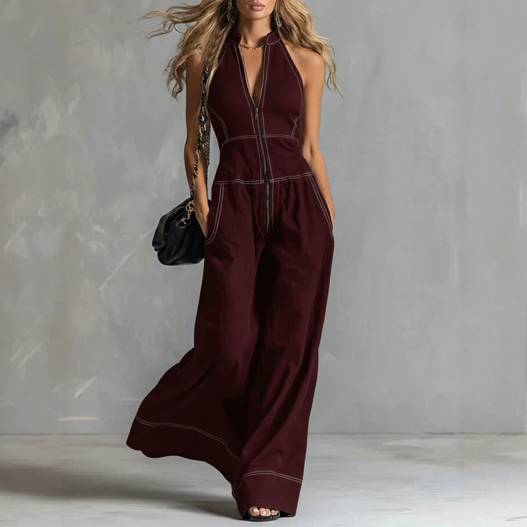 Damen Ärmelloser Halter-Jumpsuit mit Reißverschluss, weitem Bein und Eingrifftaschen Shop Nory