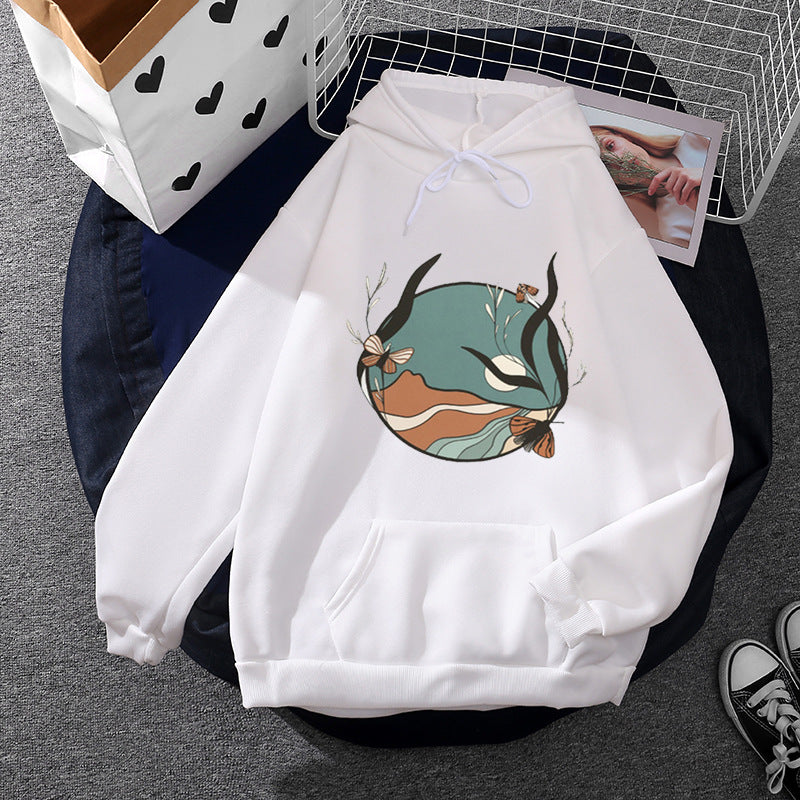 Damen nan lässiger Kapuzenpullover mit künstlerischem Mond‑und‑Pilzmotiv, weichem Fleecefutter und Kängurutasche Shop Nory