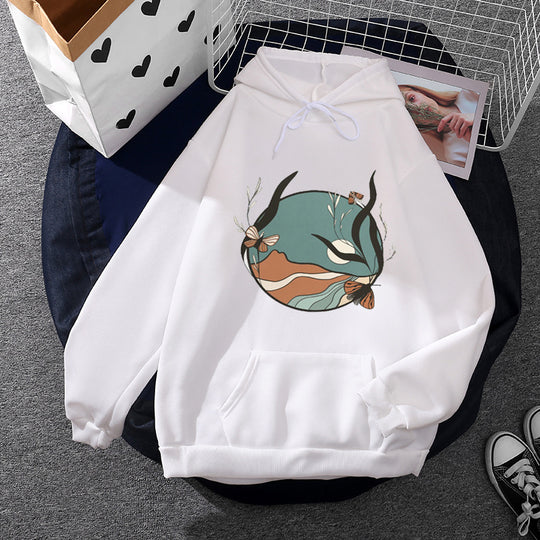 Damen nan lässiger Kapuzenpullover mit künstlerischem Mond‑und‑Pilzmotiv, weichem Fleecefutter und Kängurutasche Shop Nory