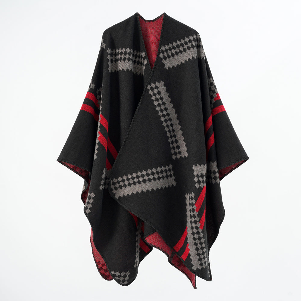 Damen Oversize-Umhangponcho aus Wollmix mit geometrischem Jacquard und Ziernaht Shop Nory