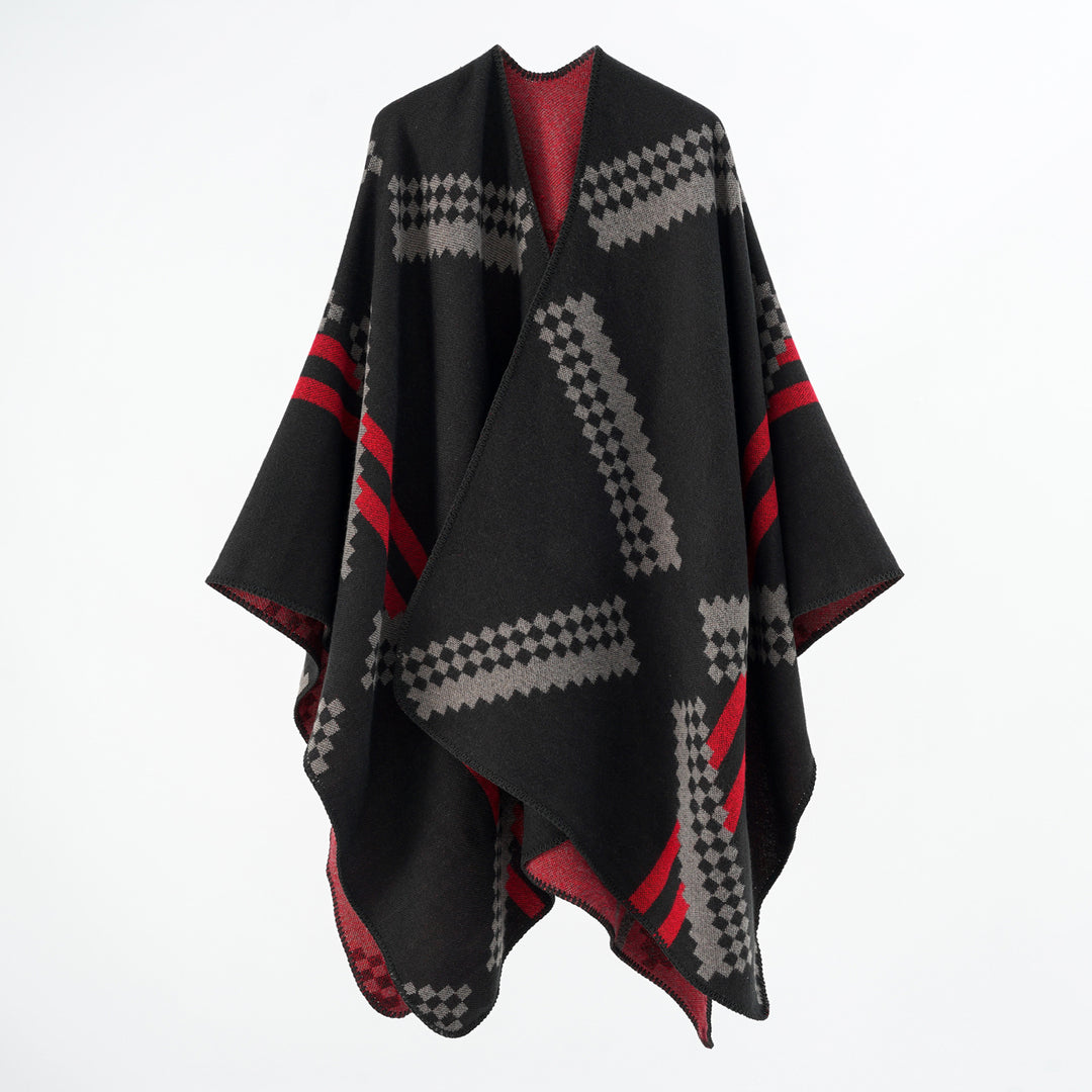 Damen Oversize-Umhangponcho aus Wollmix mit geometrischem Jacquard und Ziernaht Shop Nory