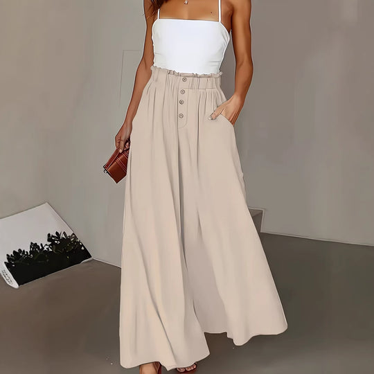 Damen weite Leinenhose mit hohem, gerafftem Bund und Knopfverzierung Shop Nory