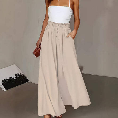 Damen weite Leinenhose mit hohem, gerafftem Bund und Knopfverzierung Shop Nory