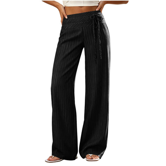 Damen Weite High-Waist Palazzo-Hose mit Streifenmuster und Bindegürtel Shop Nory