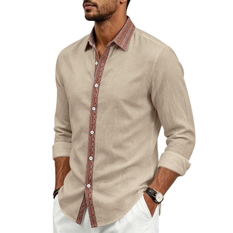 Herren Leinenoptik-Hemd mit kontrastiertem Ethno-Besatz und durchgehender Knopfleiste Shop Nory