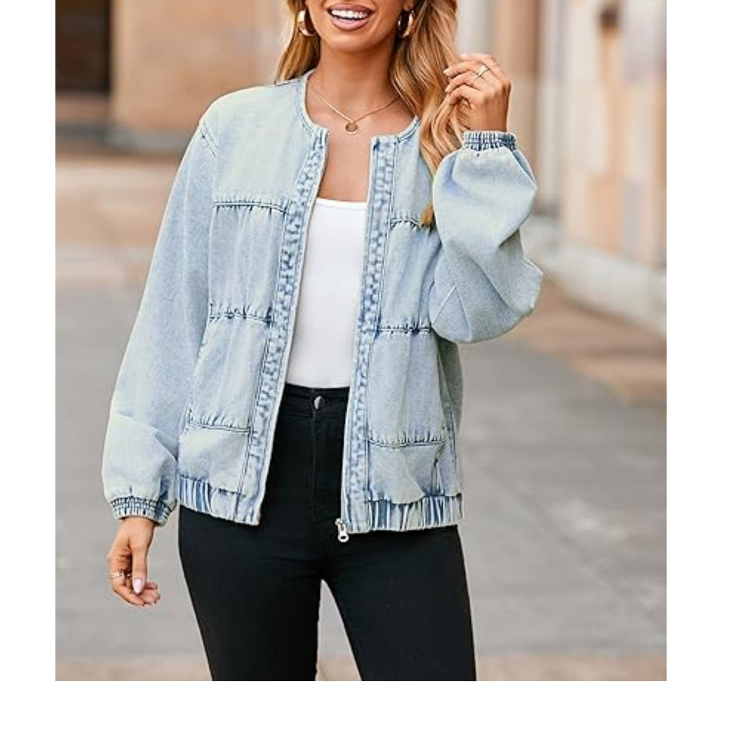 Damen Jeansblouson im Bomberstil mit Rundhals, Galonnähten und elastischem Saum Shop Nory