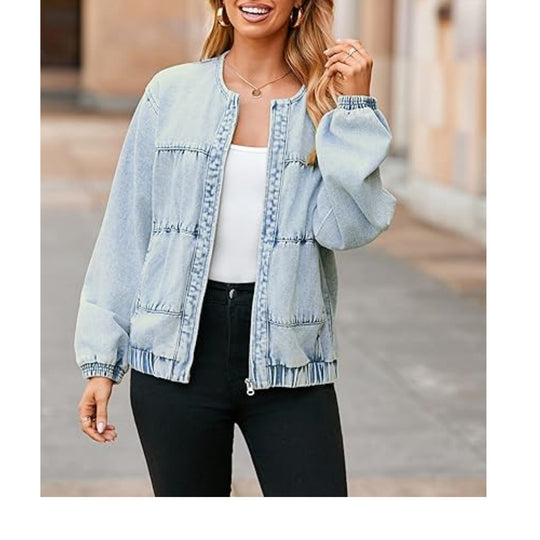 Damen Jeansblouson im Bomberstil mit Rundhals, Galonnähten und elastischem Saum Shop Nory