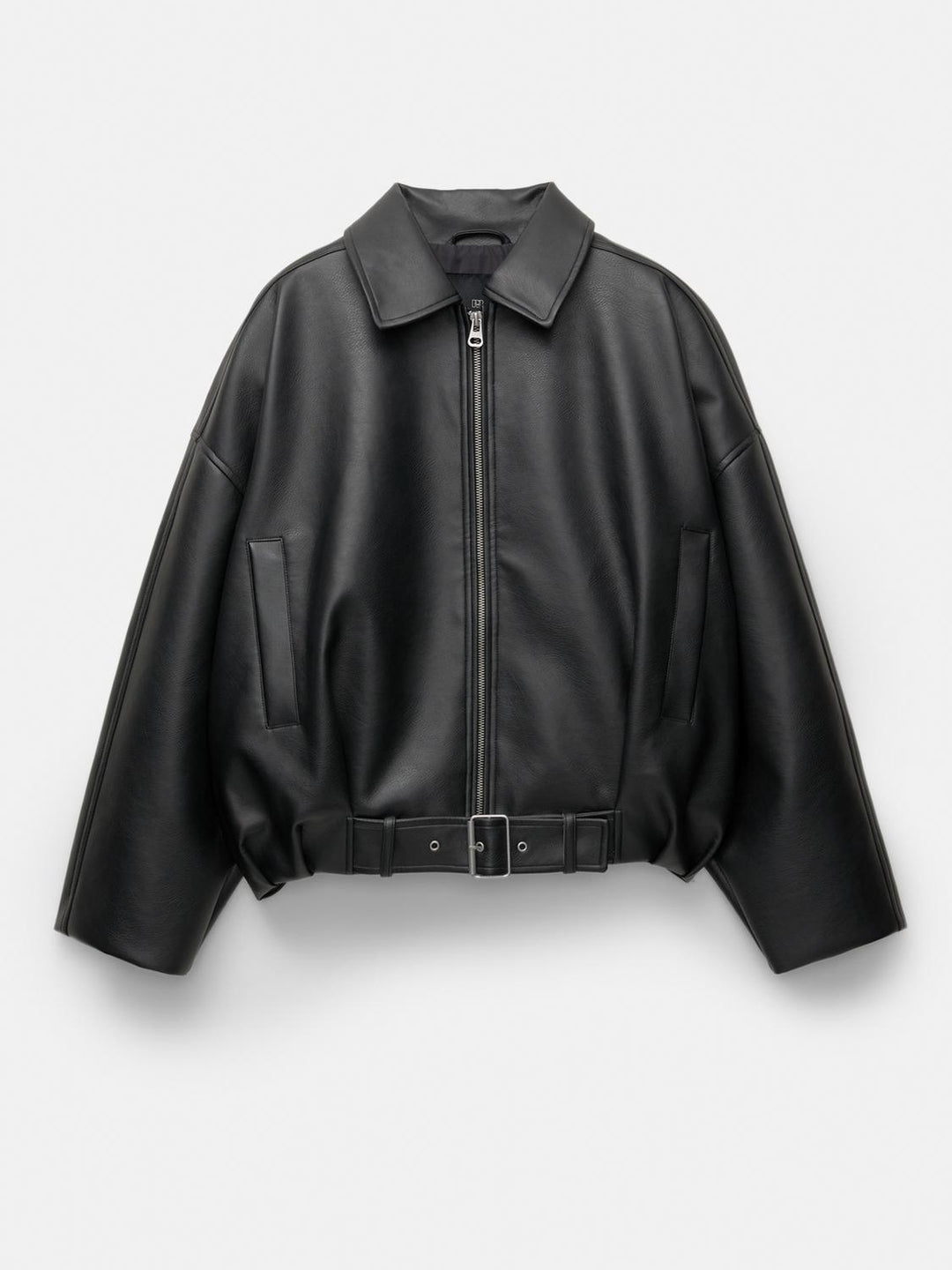 Damen Modische Kunstlederjacke mit auffälligem Kragen und Taillengürtel