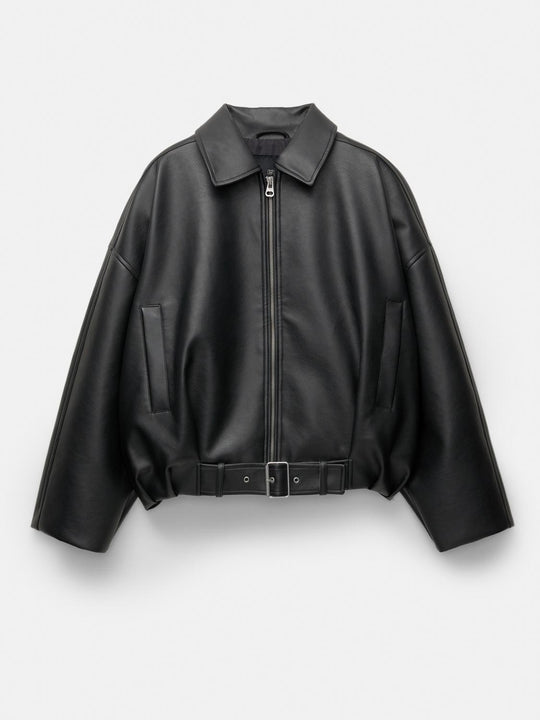 Damen Modische Kunstlederjacke mit auffälligem Kragen und Taillengürtel