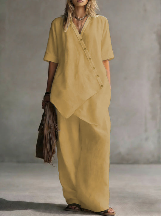 Damen Leinen-Zweiteiler mit asymmetrischer Knopfleiste und weiter Palazzo-Hose Shop Nory