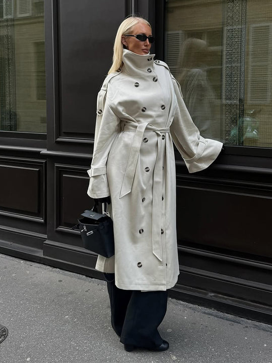 Damen Langer Trenchcoat mit hohem Stehkragen, doppelreihiger Knopfleiste und weiten Manschetten Shop Nory