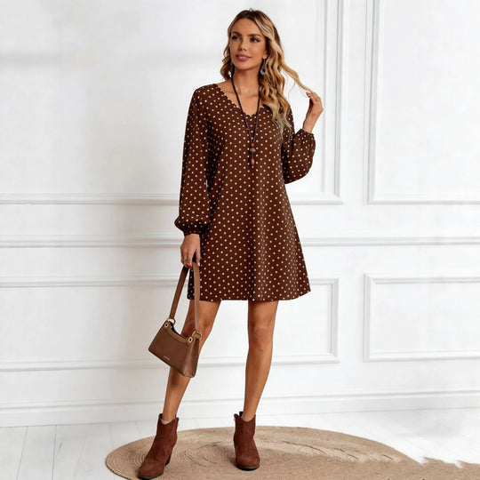 Damen Lockeres Tupfen‑Minikleid mit V‑Ausschnitt, Ballonärmeln und schwingender A‑Linie Shop Nory