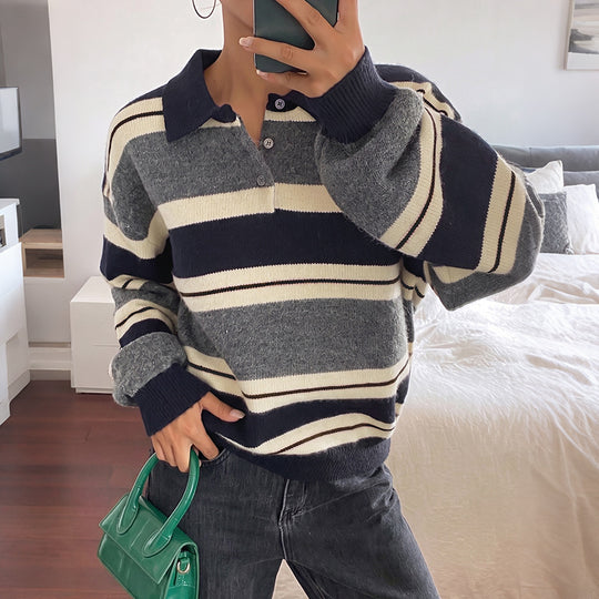 Damen Oversize-Strickpullover mit Polokragen, Streifenmuster und Knopfblende Shop Nory