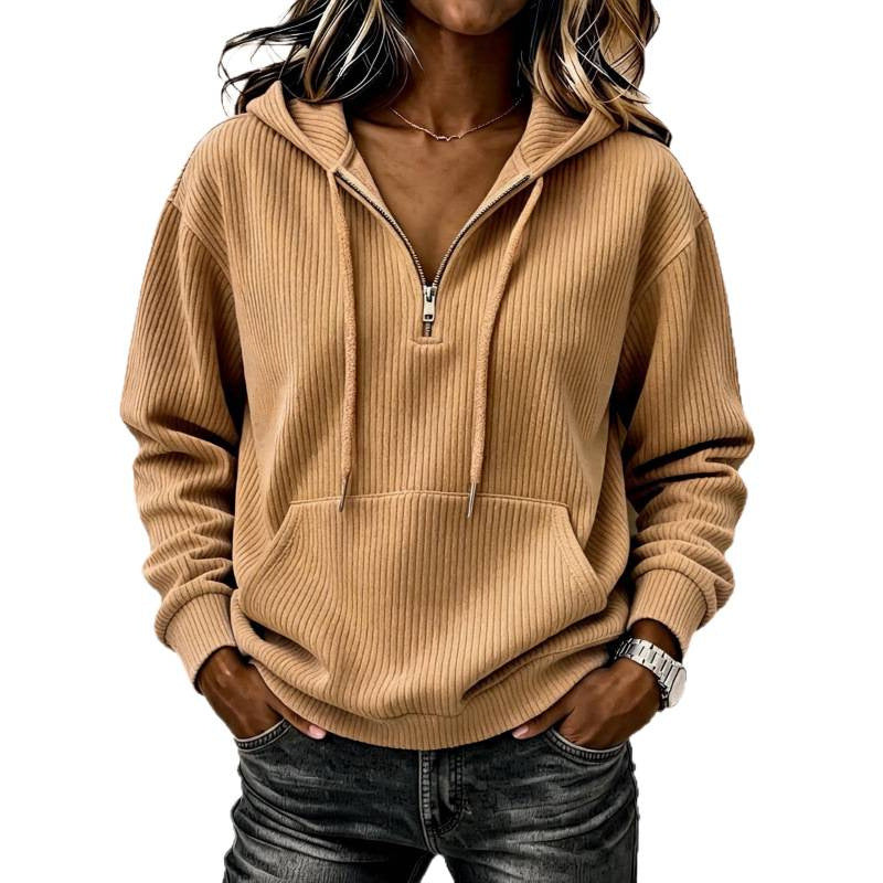 Damen lässiger Oversize Rippstrick-Kapuzenpullover mit halbem Reißverschluss Shop Nory