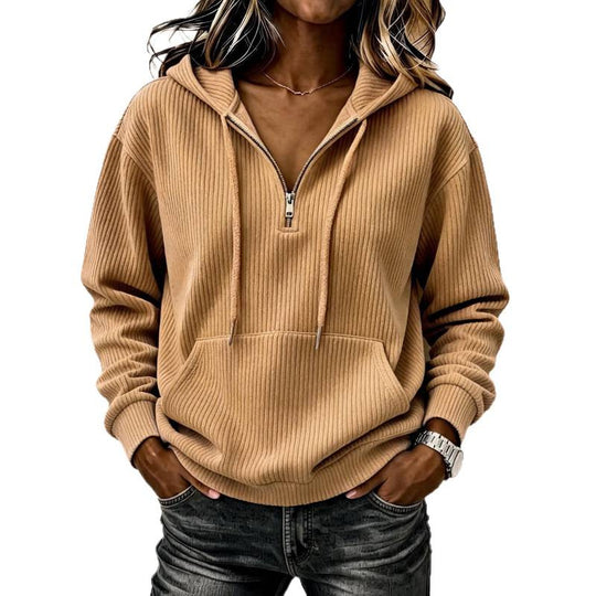 Damen lässiger Oversize Rippstrick-Kapuzenpullover mit halbem Reißverschluss Shop Nory