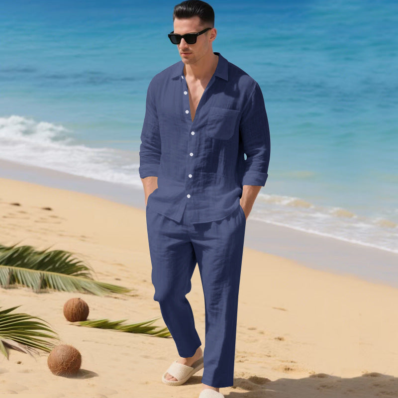 Herren leichtes Leinen-Outfit mit stilvollem Hemd und eleganter Hose ShopNory