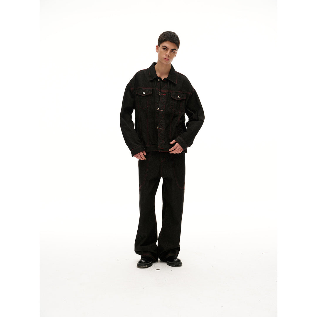 Herren Boxy‑Denimjacke mit roten Kontrastnähten und Metallknöpfen Shop Nory