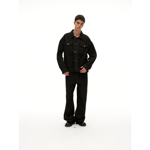 Herren Boxy‑Denimjacke mit roten Kontrastnähten und Metallknöpfen Shop Nory