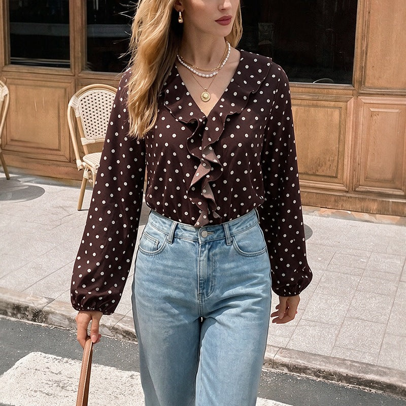 Damen Gepunktete Rüschenbluse mit V‑Ausschnitt, langen Ärmeln und elastischen Manschetten Shop Nory