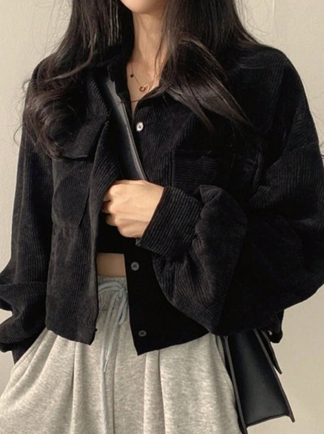 Damen Kurzgeschnittene Cordjacke mit Oversize-Ärmeln und Brusttaschen Shop Nory