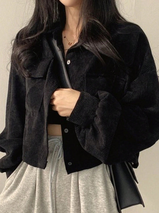 Damen Kurzgeschnittene Cordjacke mit Oversize-Ärmeln und Brusttaschen Shop Nory