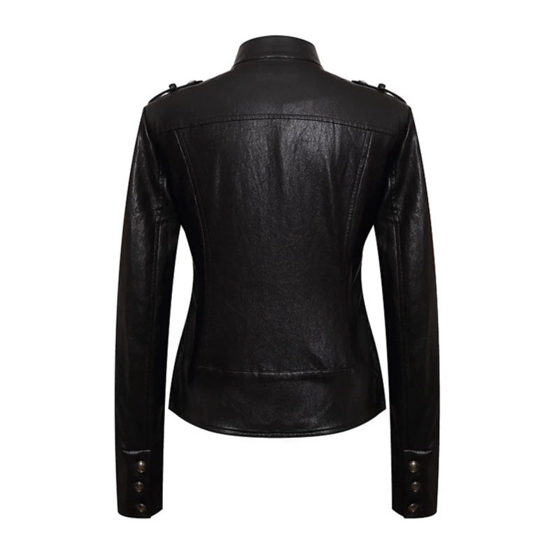 Damen figurbetonte Lederjacke im Military‑Stil mit Stehkragen und Zierknopf‑Blende Shop Nory
