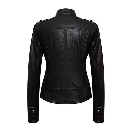 Damen figurbetonte Lederjacke im Military‑Stil mit Stehkragen und Zierknopf‑Blende Shop Nory