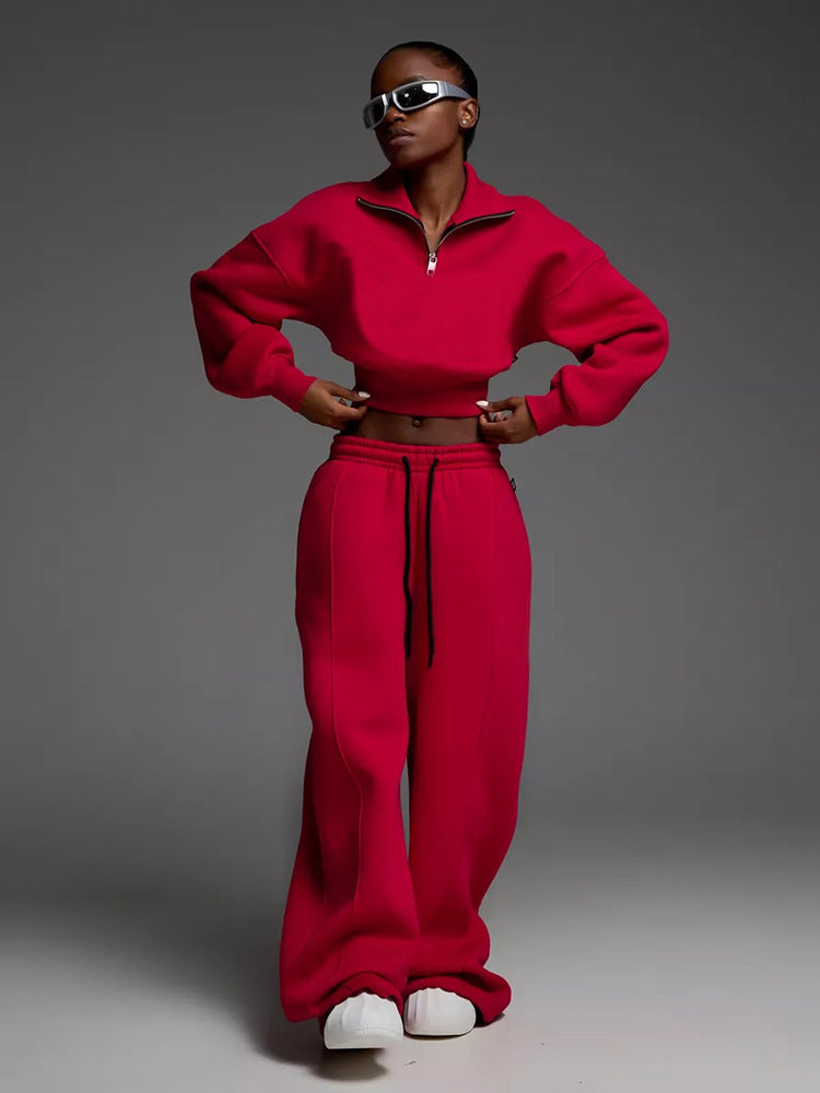 Damen kurzes Half-Zip Crop-Sweatshirt mit hoher Taille und weitem Sweatpants-Set Shop Nory