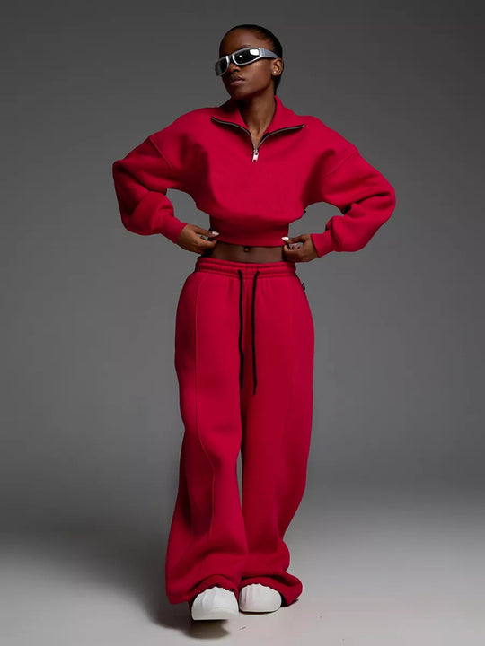 Damen kurzes Half-Zip Crop-Sweatshirt mit hoher Taille und weitem Sweatpants-Set Shop Nory