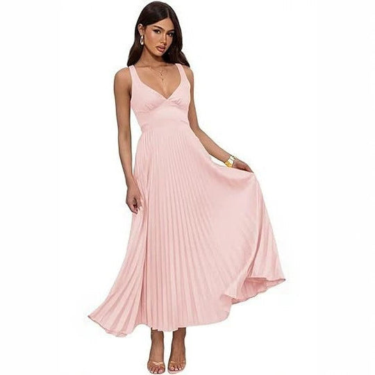 Damen Plissiertes Maxikleid mit vorteilhaftem V-Ausschnitt und femininem Design Shopnory