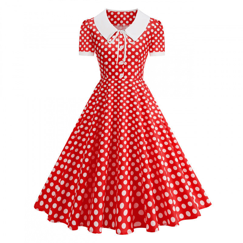 Damen Retro Maxikleid mit Kragen und Punkten