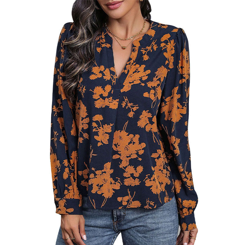 Damen Lockeres Blusenshirt mit V-Ausschnitt, floralem Alloverprint, Ballonärmeln und Manschetten Shop Nory