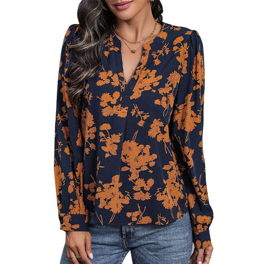 Damen Lockeres Blusenshirt mit V-Ausschnitt, floralem Alloverprint, Ballonärmeln und Manschetten Shop Nory