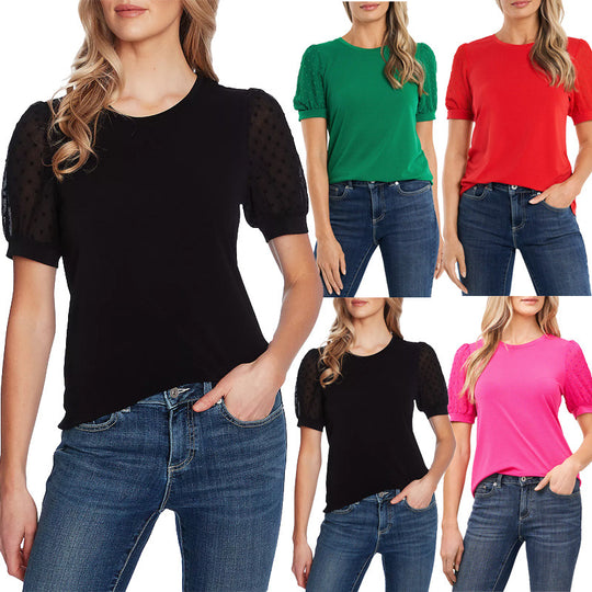 Damen Tailliert-lockeres Jersey-Shirt mit perlenbesetzten Puffärmeln Shop Nory