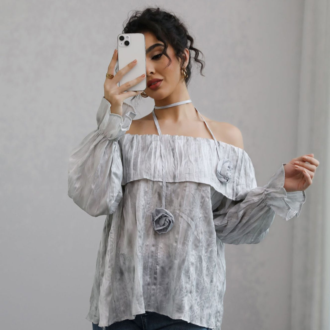 Damen Schulterfreies Crinkle-Blusentop mit Volant, Ballonärmeln und Choker Shop Nory