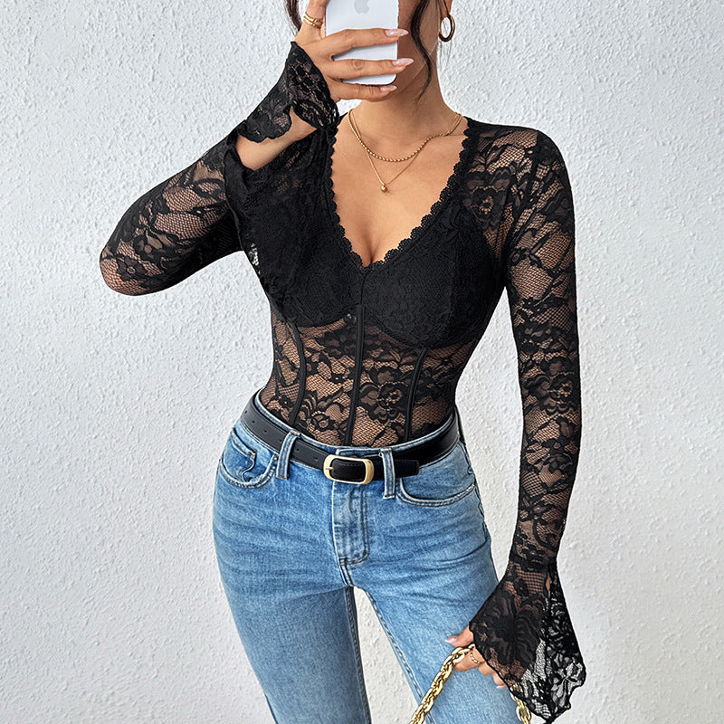 Damen Taillierter Spitzen-Corset-Body mit V-Ausschnitt, langen Trompetenärmeln und formenden Bügeln Shop Nory