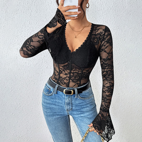 Damen Taillierter Spitzen-Corset-Body mit V-Ausschnitt, langen Trompetenärmeln und formenden Bügeln Shop Nory